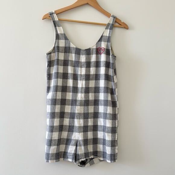 Madewell Embroidered Flannel Pajama Romper 100% Cotton Buffalo Check Grey XS - Picture 4 of 8